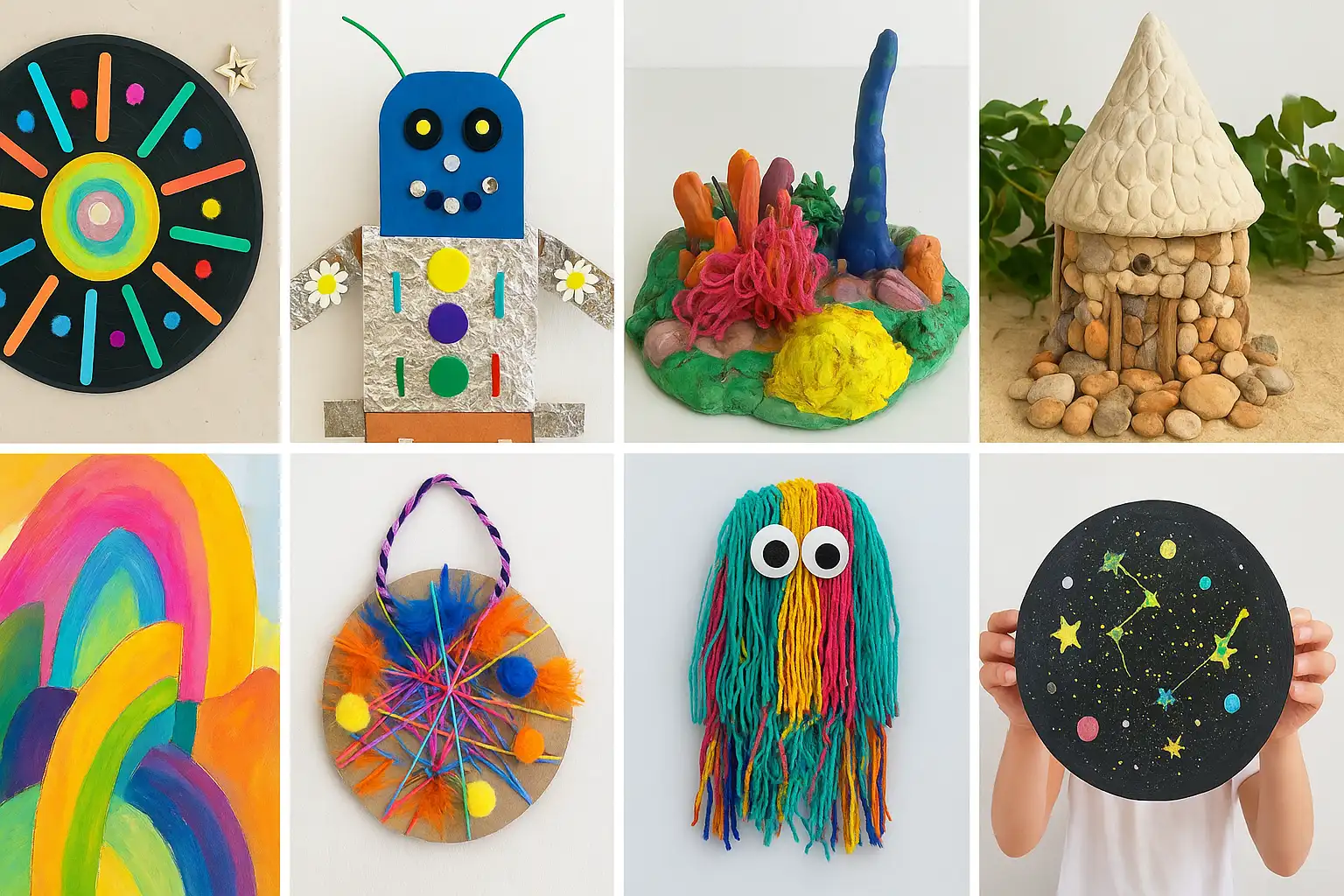 craft ideas for kids — cheerful summer table with paper, shells, and safe tools